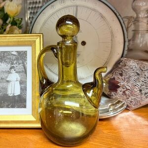 Vintage Olive Green Hand Blown Hand-Crafted Glass Cruet with Glass Topper